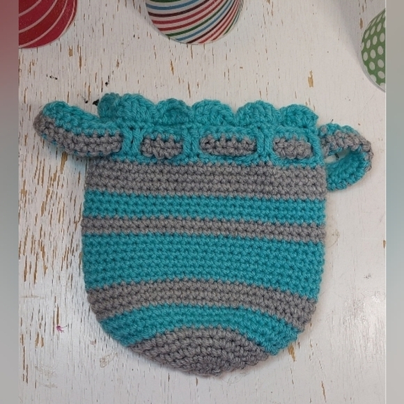 Turquoise and Grey Striped Pouch with Colorful Design Cute Gift Bag Boho Retro - Picture 7 of 8